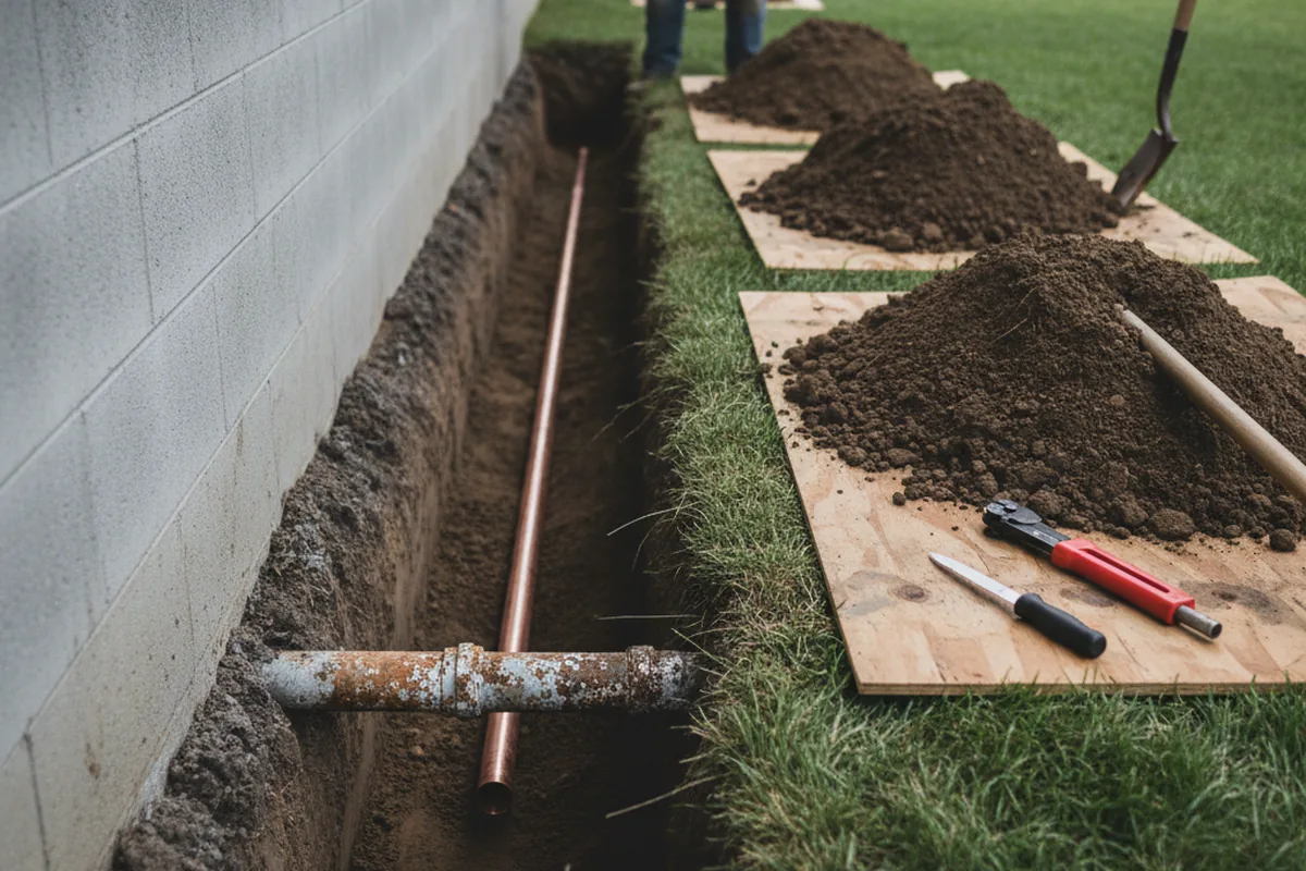 Excavated water line trench during Water Softener Installation in Rector